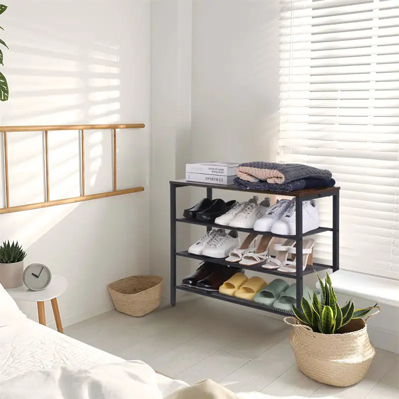 4-Tier Rustic Shoe Rack with Coat Hooks