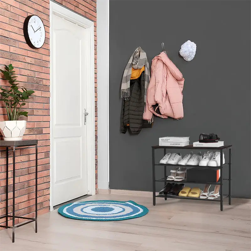 4-Tier Rustic Shoe Rack with Coat Hooks