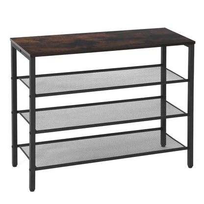 4-Tier Rustic Shoe Rack with Coat Hooks