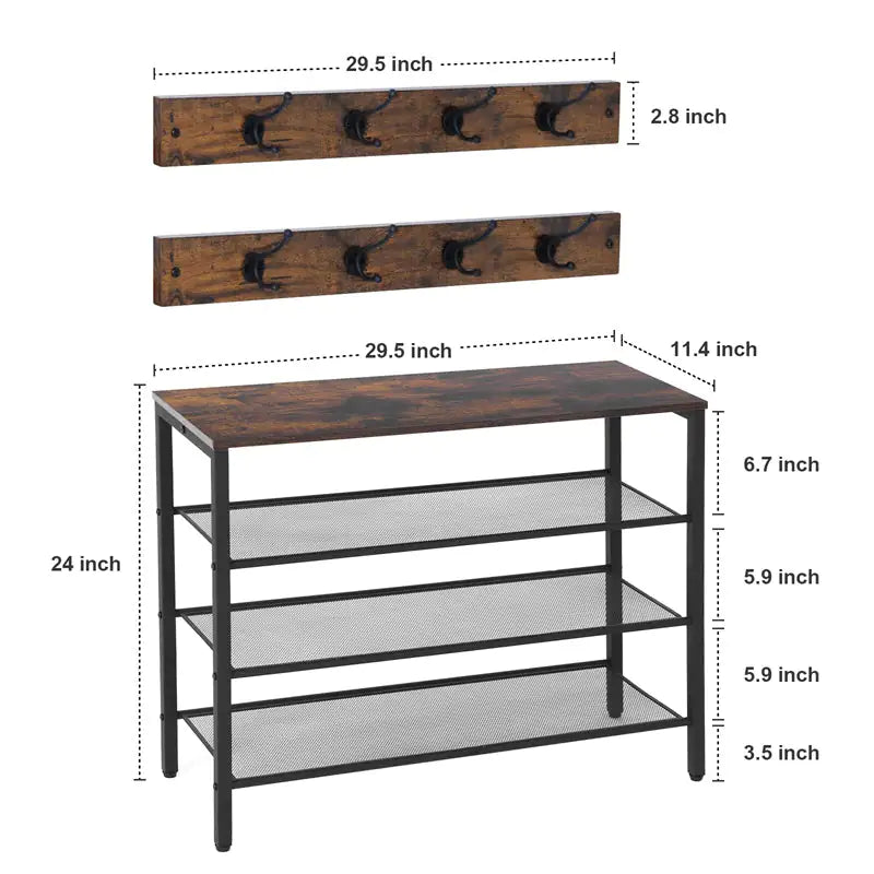 4-Tier Rustic Shoe Rack with Coat Hooks